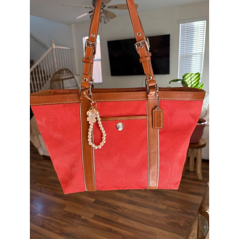 Coach Signature Jacquard Tote Bag Coral Coral Leather Trim‎ Shoulder Bag